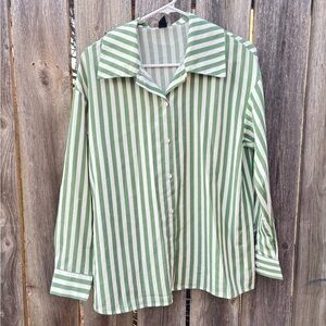 SHEIN Green and White Vertical Stripe Button-Down Shirt